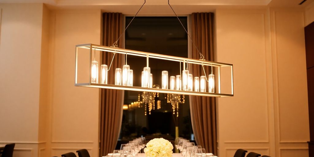 Modern rectangular chandelier illuminating a dining room.