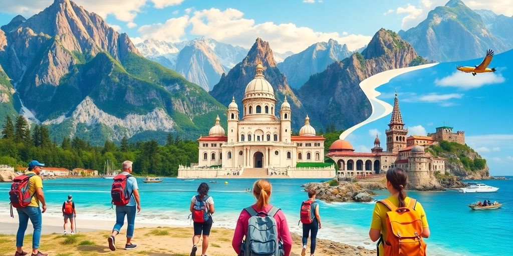Travelers exploring diverse landscapes and cultural landmarks.