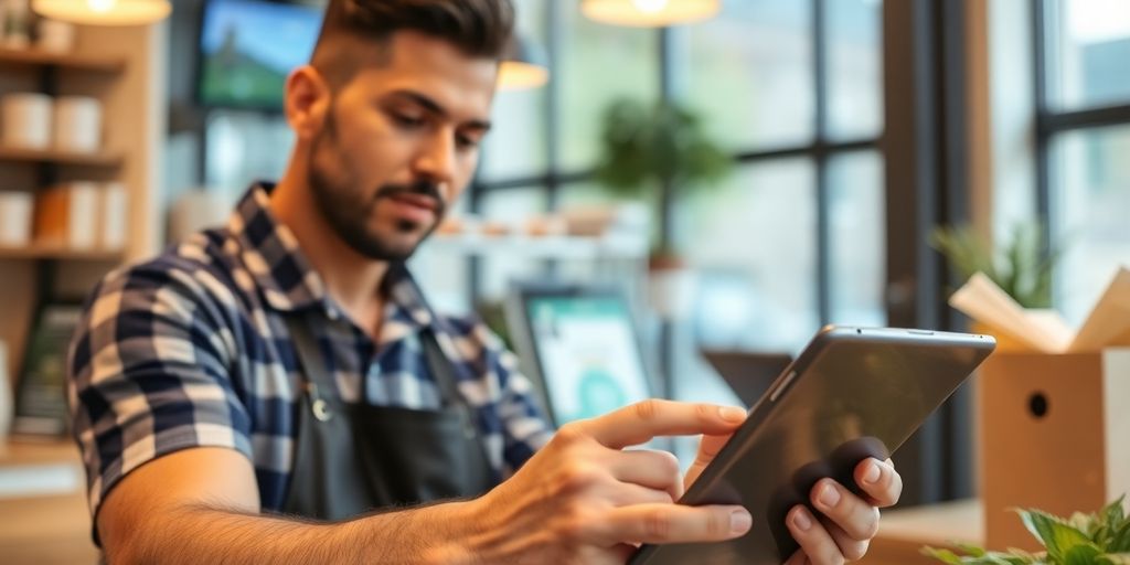 Small business owner using a tablet for payment processing.