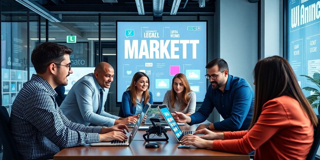 Profissionais de marketing digital em ambiente de escritório moderno.