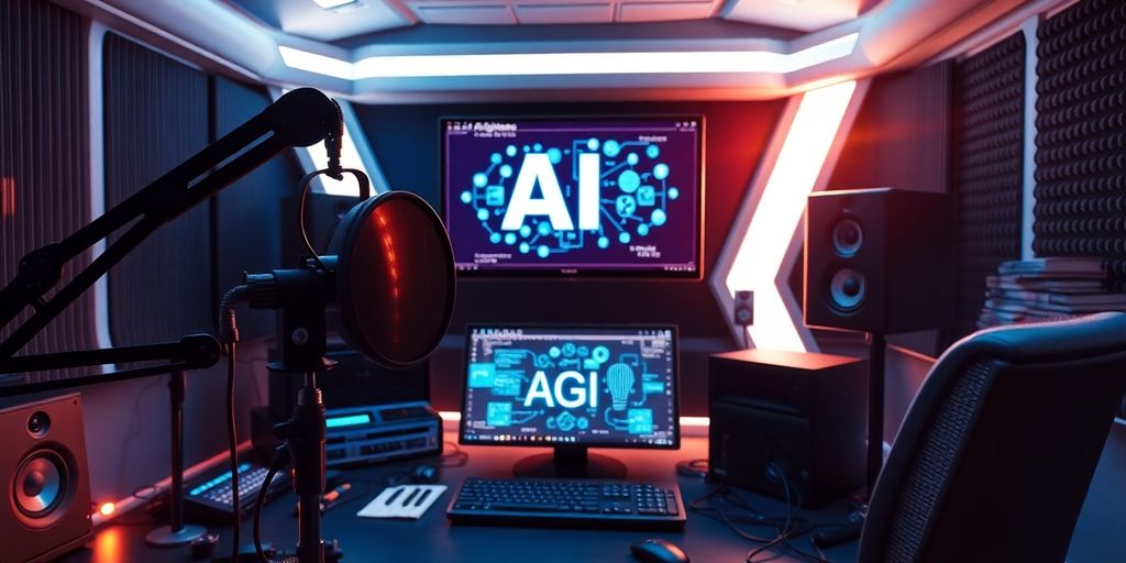 Futuristic studio with audio equipment and AI technology.