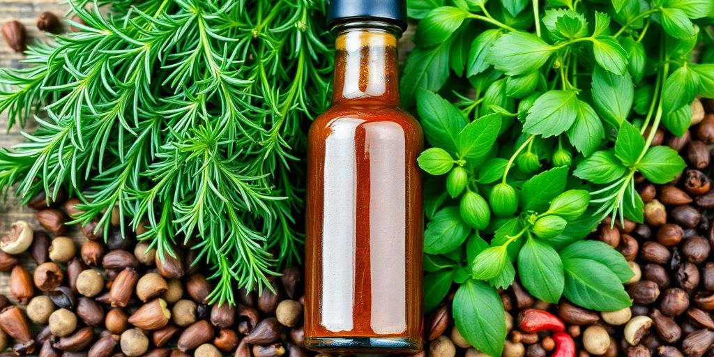 Fresh herbs and spices arranged around a bottle of sauce.