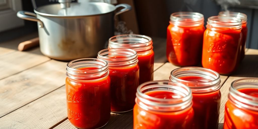 Mason jars filled with vibrant tomato sauce.