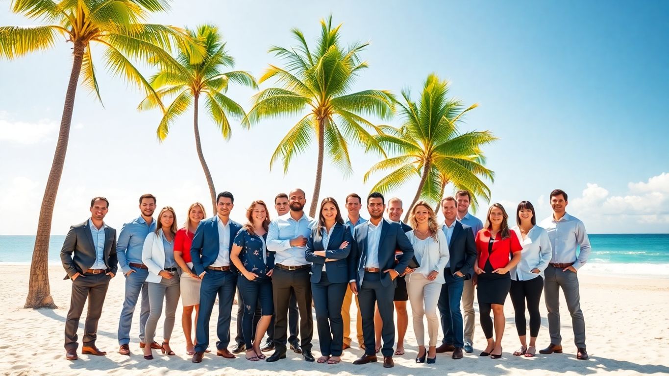 Sales reps on beach, tropical, revenue growth.