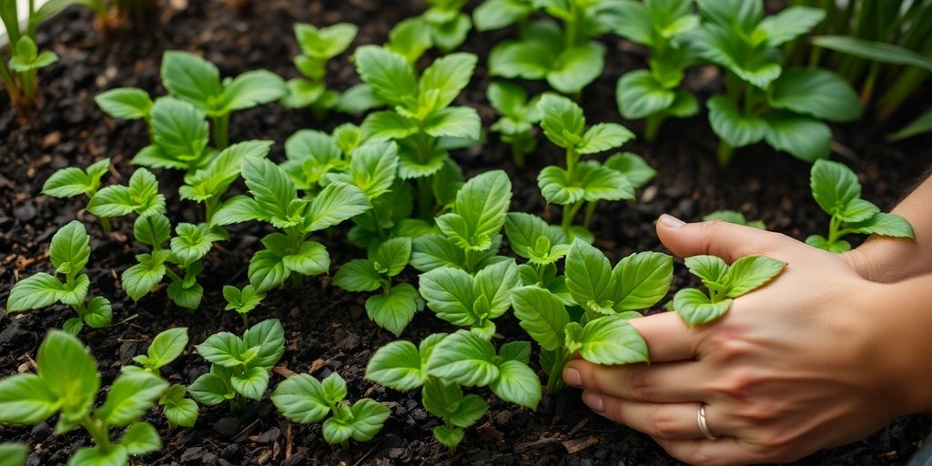 Hands tending lush green plants in rich soil.