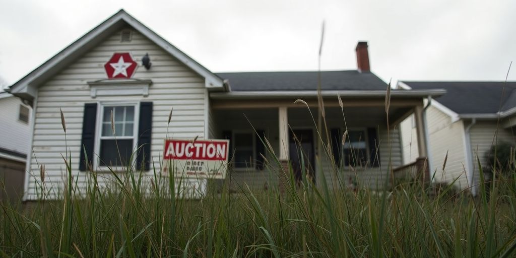 Foreclosed house with auction sign.