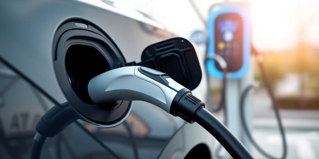 Electric car charging at station.