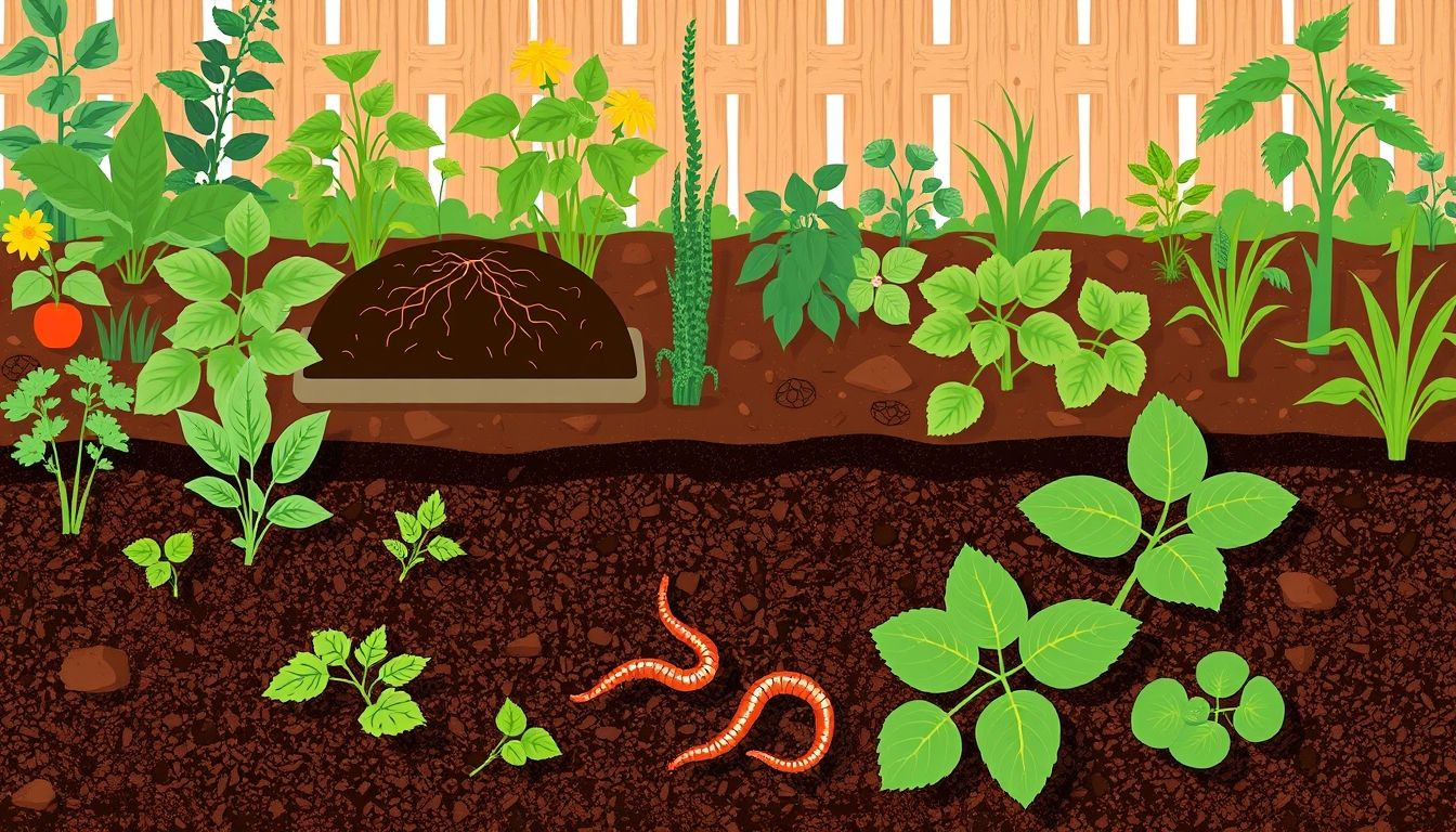 Illustrative garden with plants and compost area.