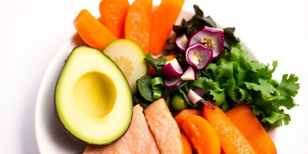 طبق صحي مليء بالدهون الصحية والخضروات الطازجة.