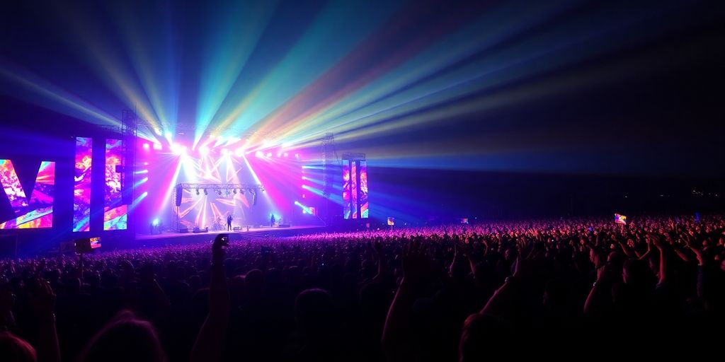 Scène Rock en Seine illuminée avec foule en délire.