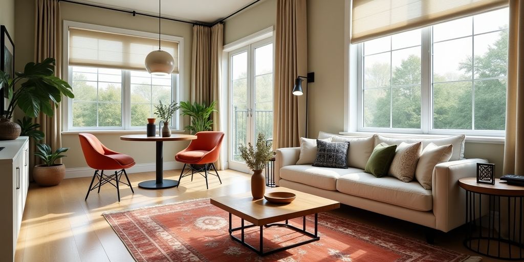 Renovated living room with modern decor and natural light.