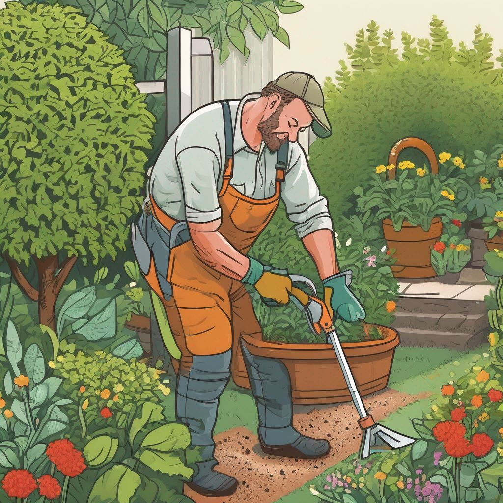 gardener using ergonomic hand tools for pruning, digging, and weeding in a lush garden