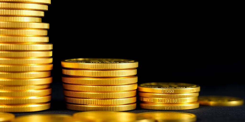 Des pièces d'or brillantes sur un fond sombre.
