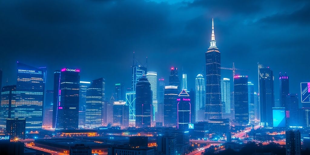 Futuristic city skyline with digital technology elements.