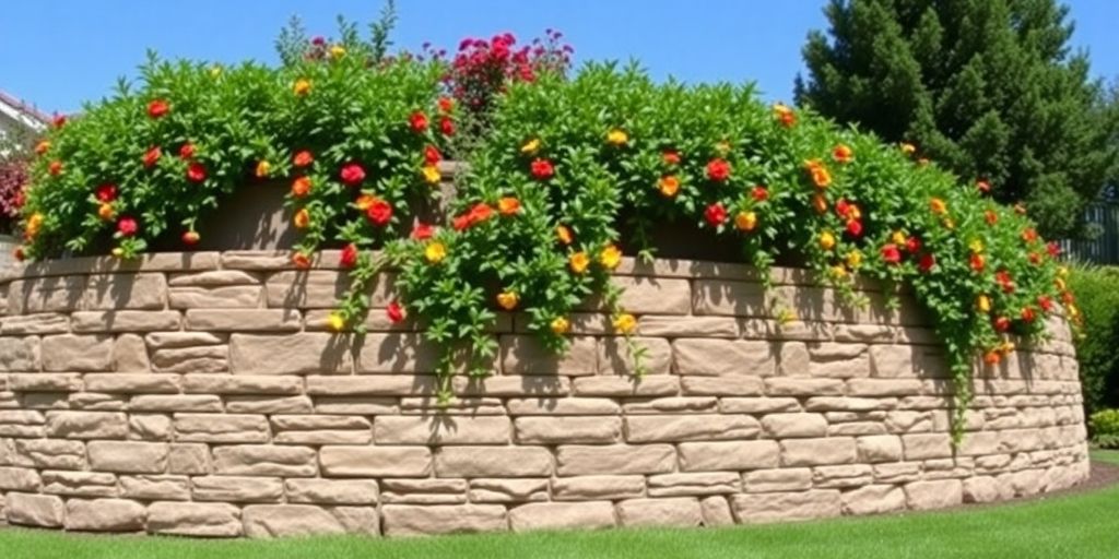 Retaining wall with colorful flowers in Ottawa.