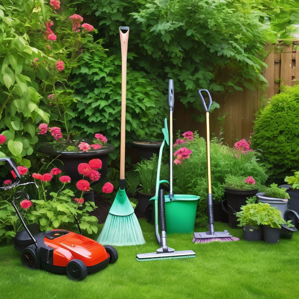 garden cleaning tools and weed removal in a lush garden