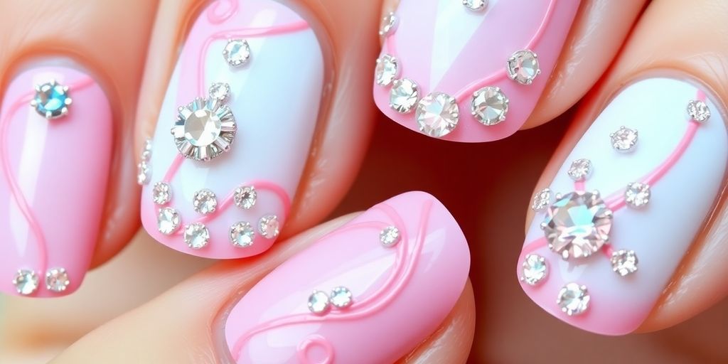 Unhas rosa e branco decoradas com pedrarias brilhantes.