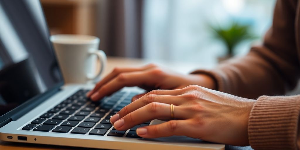 Laptop, coffee, and hands on keyboard.