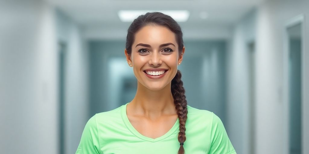 Mulher sorrindo, corpo atlético, em um cenário clínico moderno.