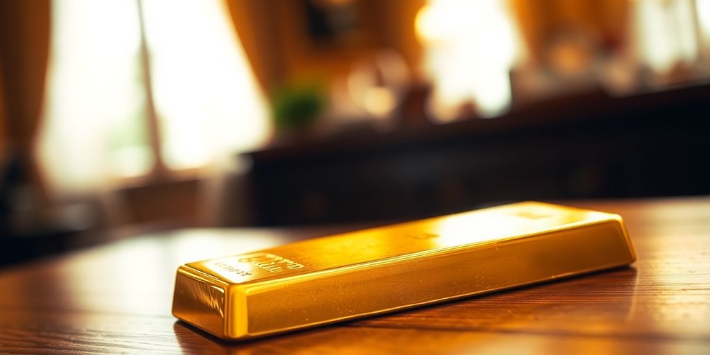 Lingot d'or sur une table en bois.