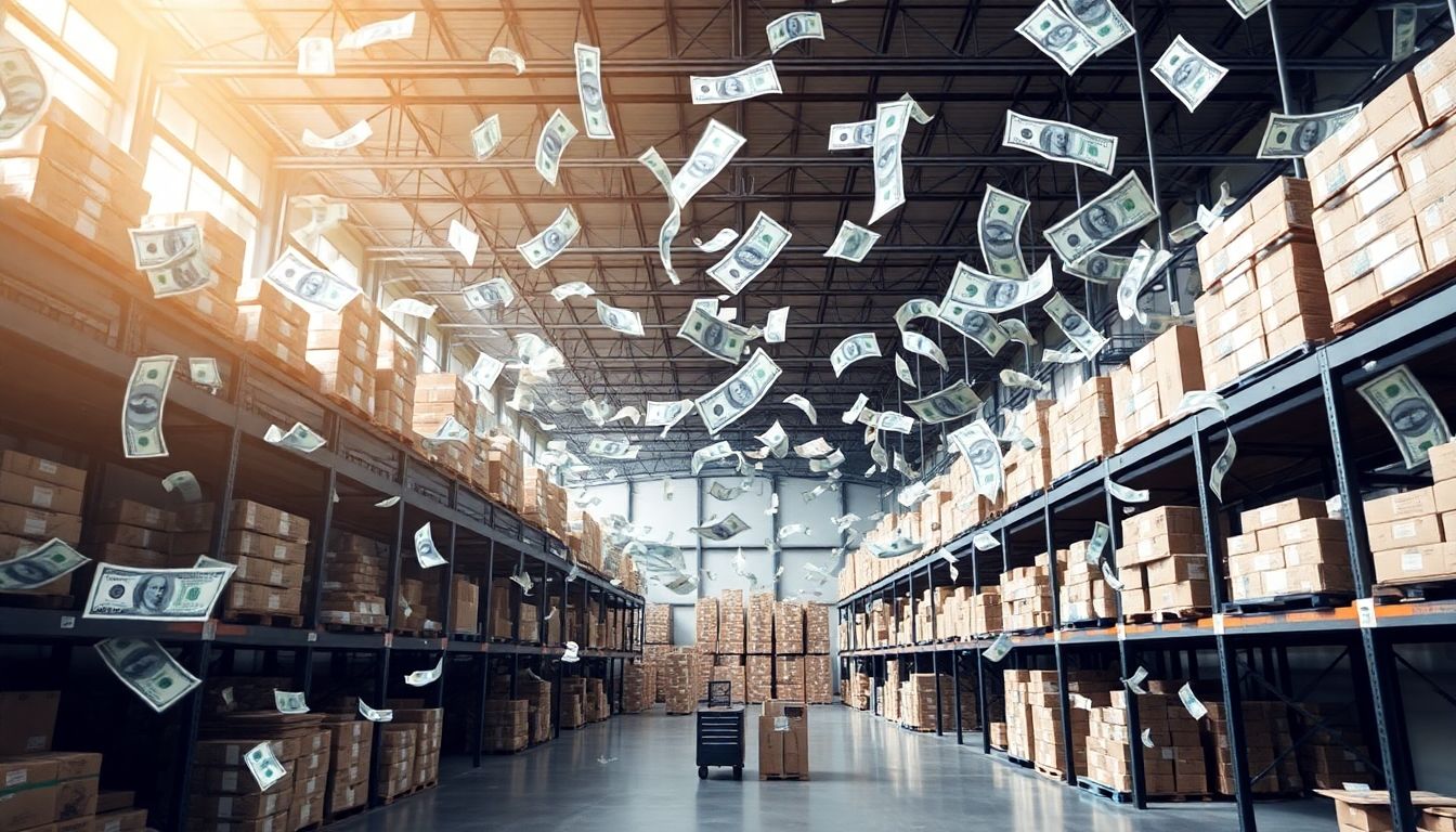 $100 bills swirling in a warehouse environment.