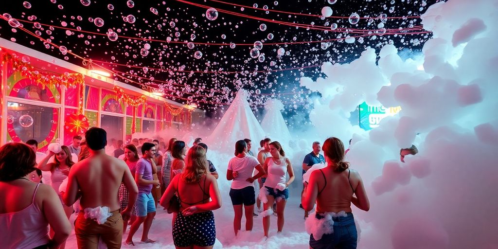 Guests enjoying a lively outdoor foam party.