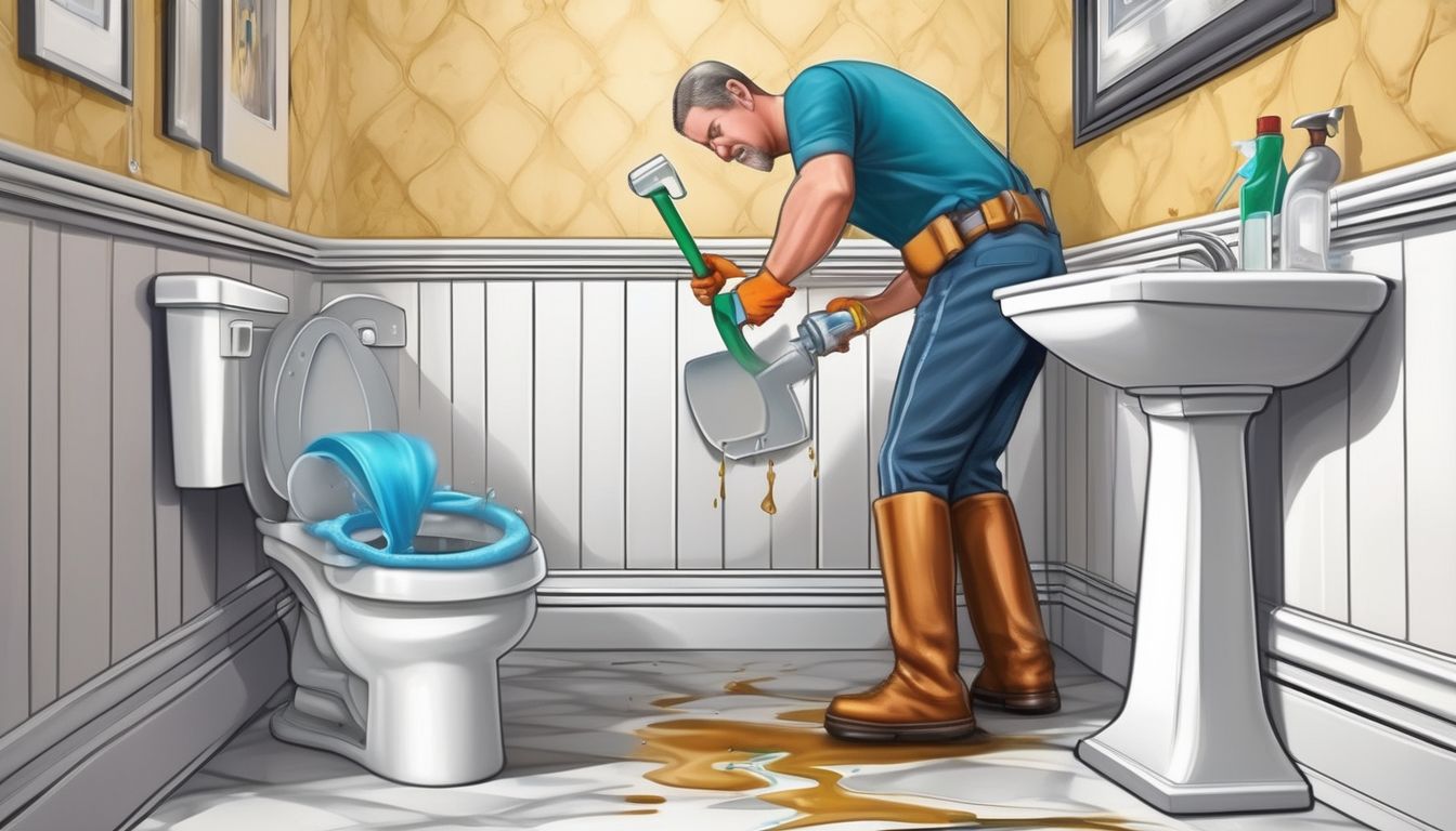 homeowner unclogging toilet in bathroom