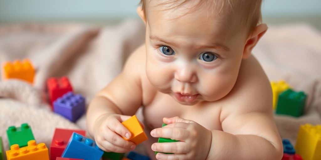 Bebê brincando com blocos, sorrindo e balbuciando.