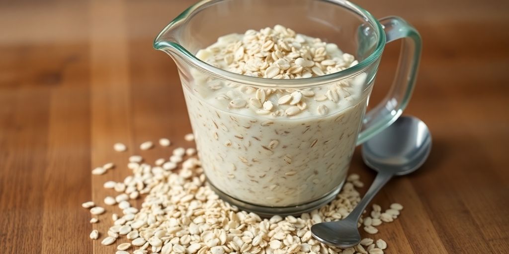 Oatmeal in measuring cup with oats spilling.