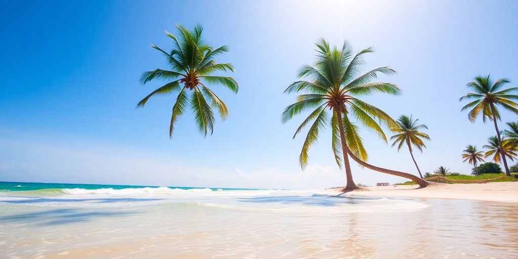 Sunny beach with palm trees and calm ocean waves.