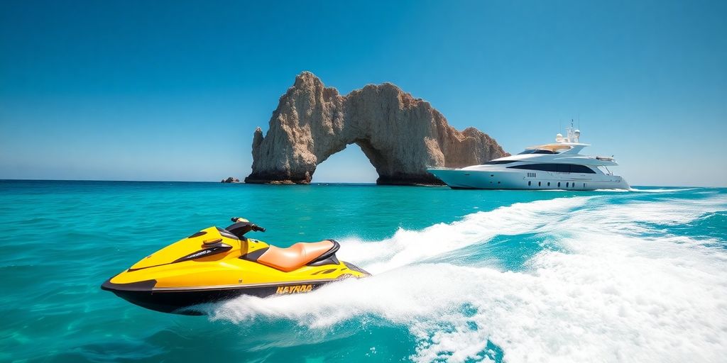 Jet ski and yacht near Cabo rock arch.