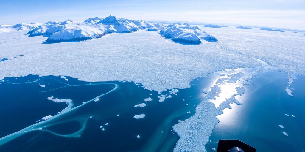 A helicopter flies low over a massive Alaskan glacier.