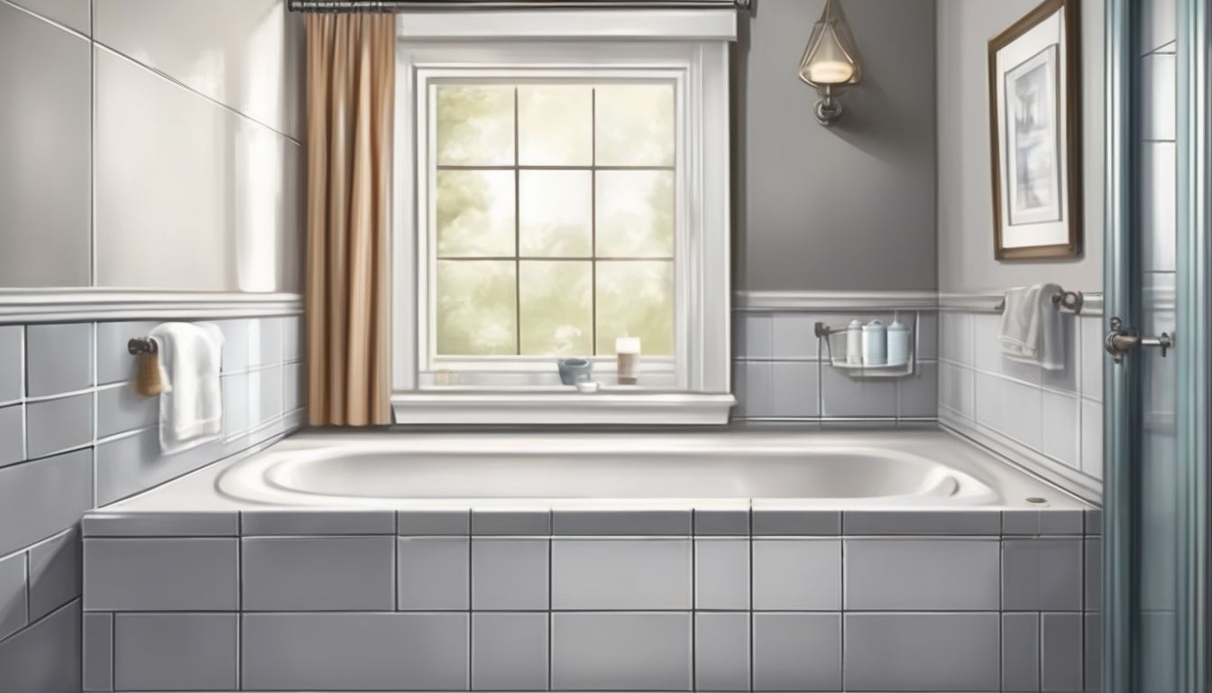 person sealing bathtub or shower with caulk in a bathroom