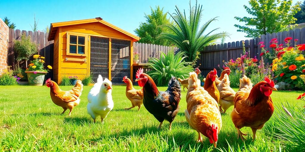 Backyard chickens in a lush garden with a coop.