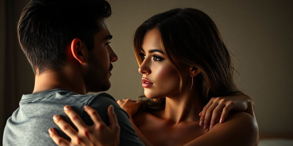 Couple embracing, one partner gazes suggestively at another person.