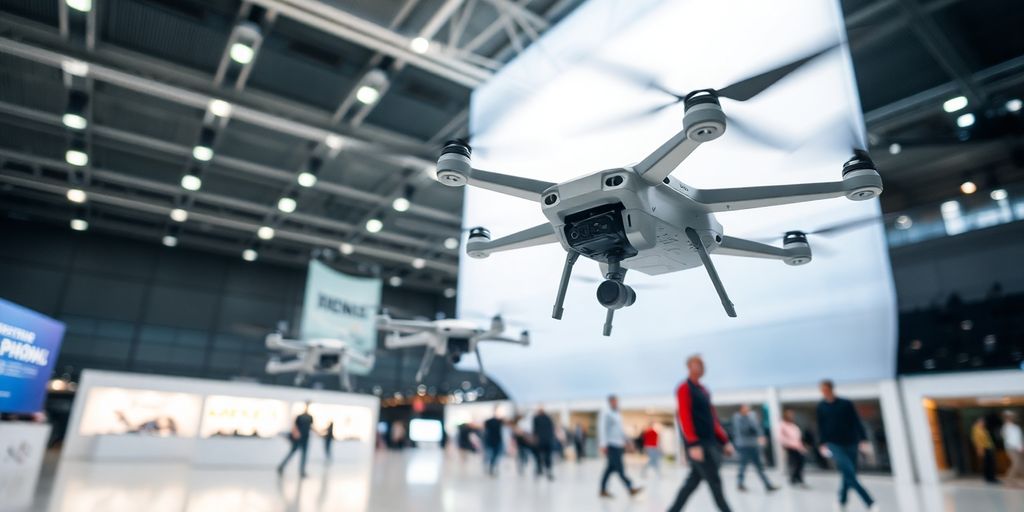 Drones volant dans un hall d'exposition moderne