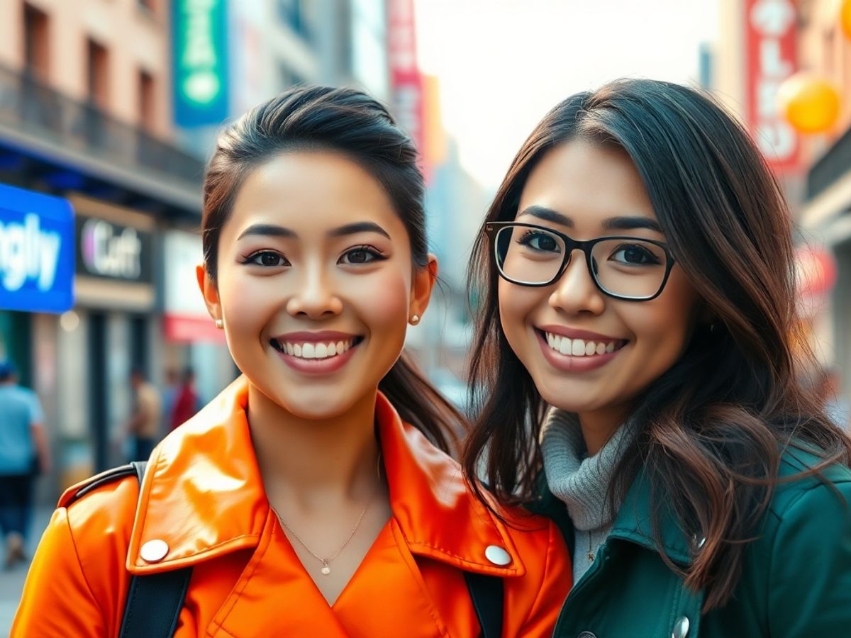 Colorful couple in a lively urban setting.