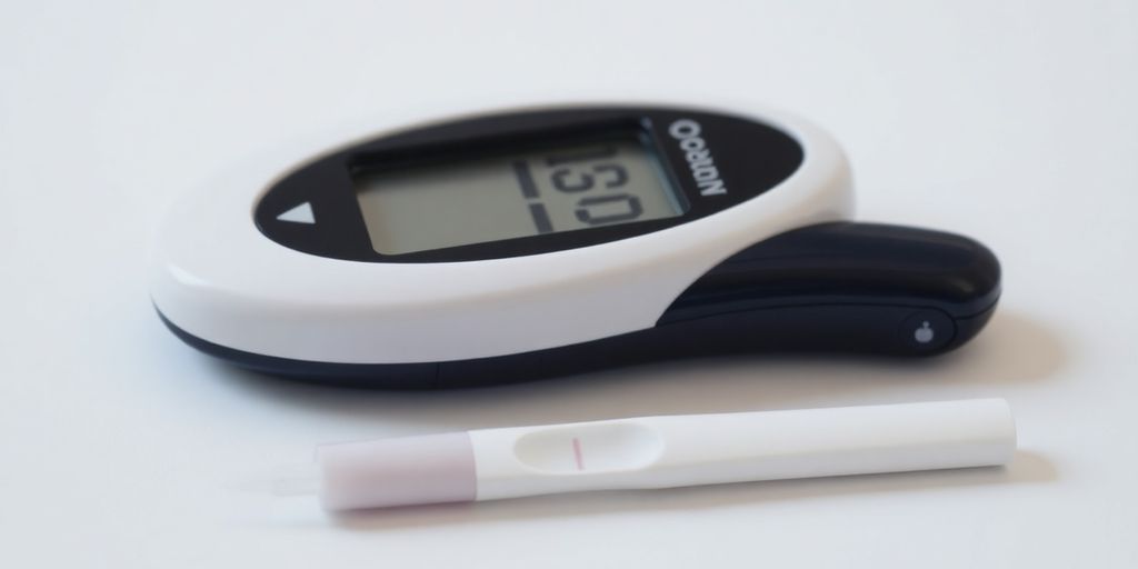 Omron glucometer with test strip and lancet.