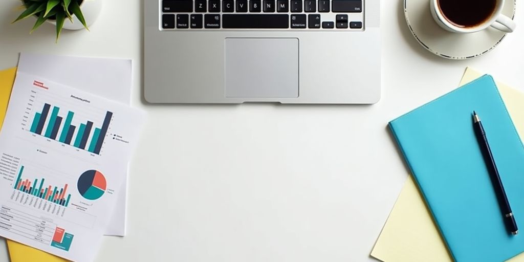 A workspace with a laptop and research tools.