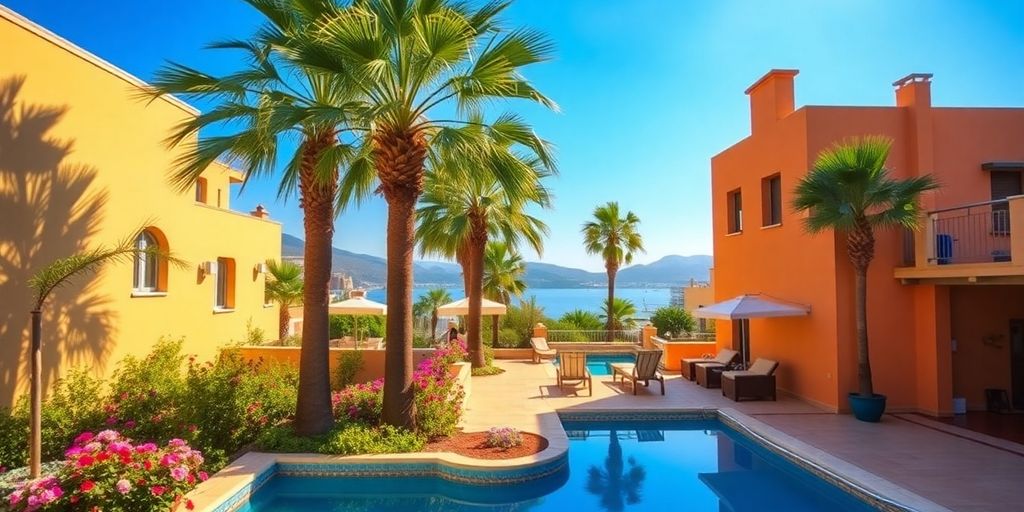 Cozy hotel terrace in Bodrum with pool and flowers.