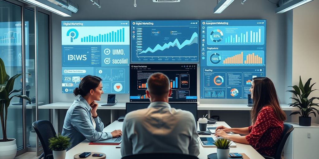 Profissionais de marketing digital em ambiente moderno.