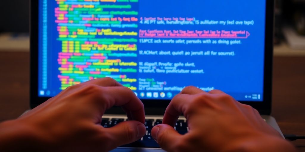 Python code on a laptop screen with hands ready to type.