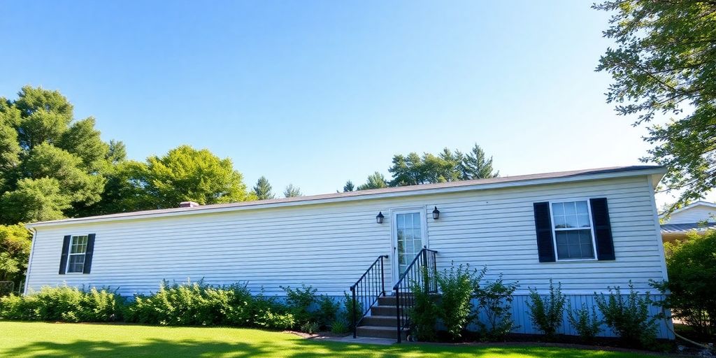 Alabama mobile home in a tranquil green landscape.