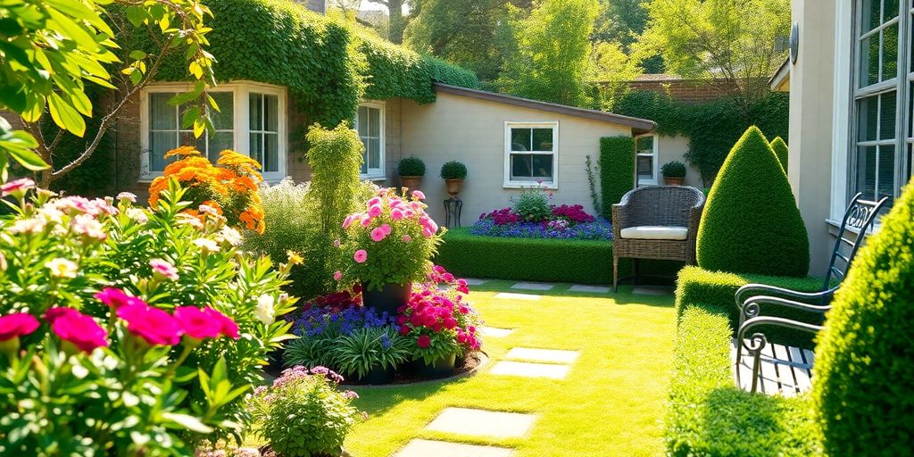 Well-maintained garden with flowers and relaxation areas.