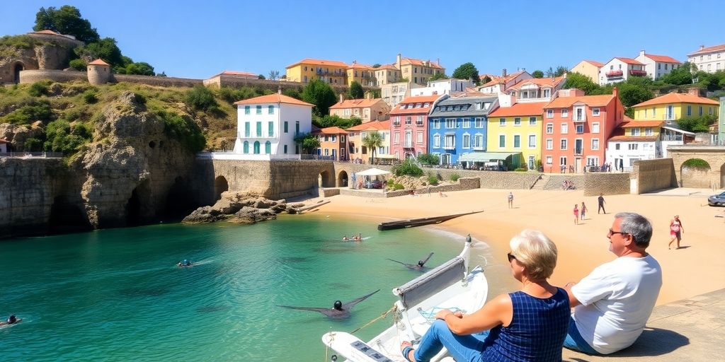 Couple enjoying a sunny beach in Portugal.
