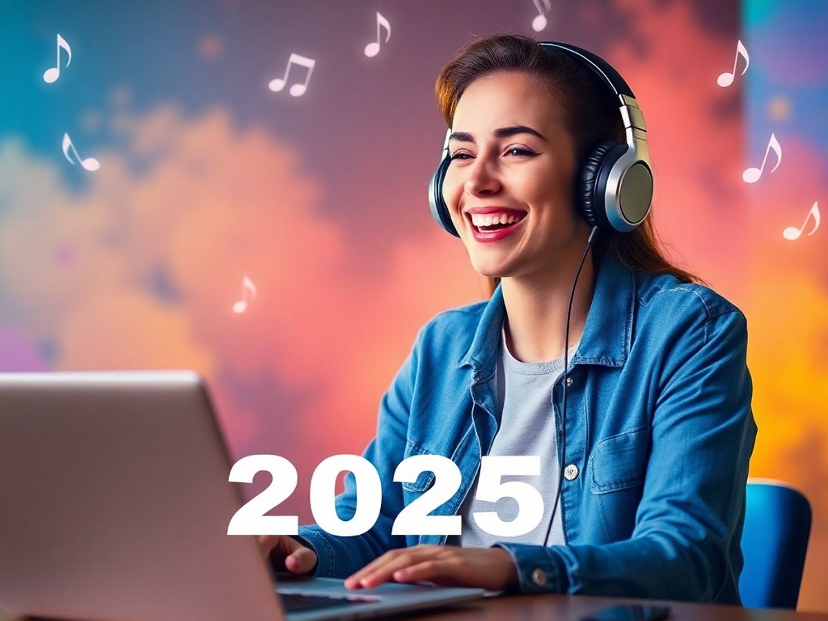 Smiling person with headphones enjoying music and multitasking.