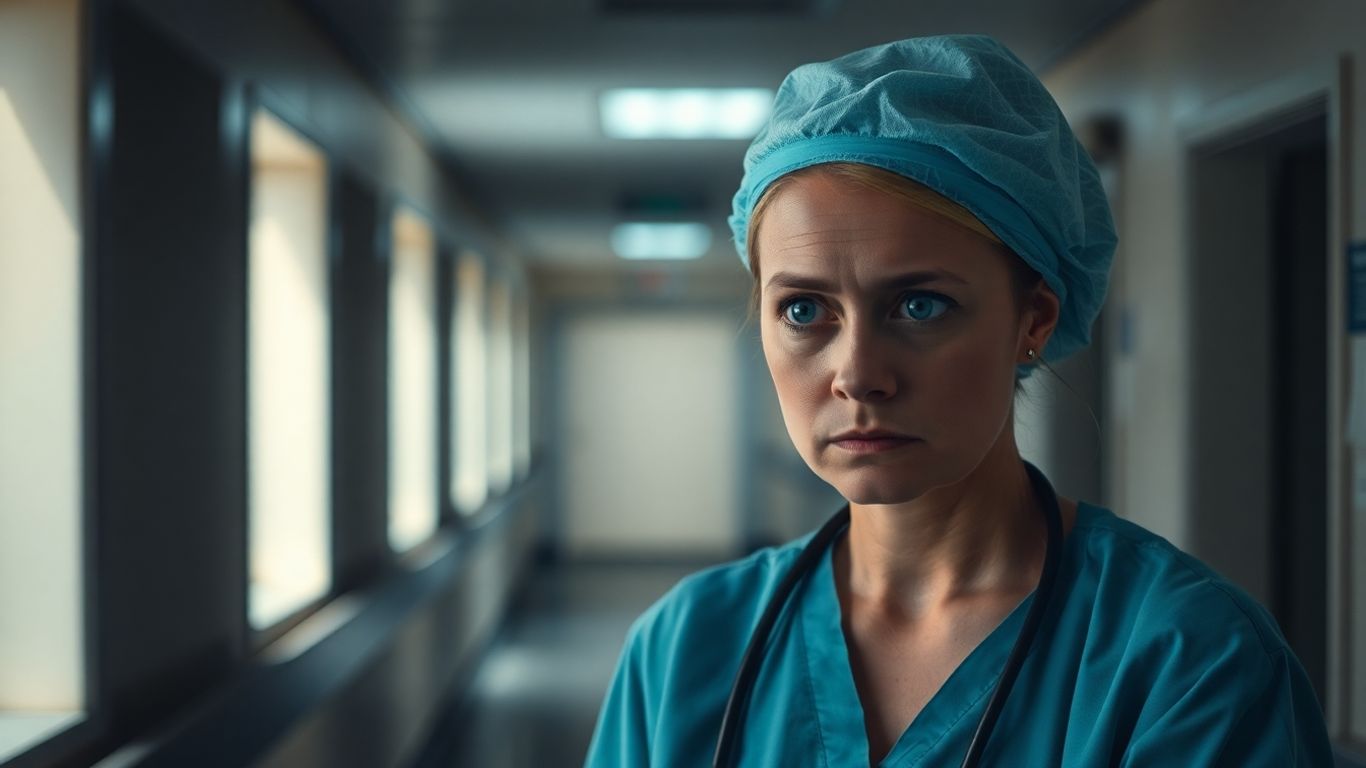 Personnel hospitalier épuisé dans un couloir d'hôpital.