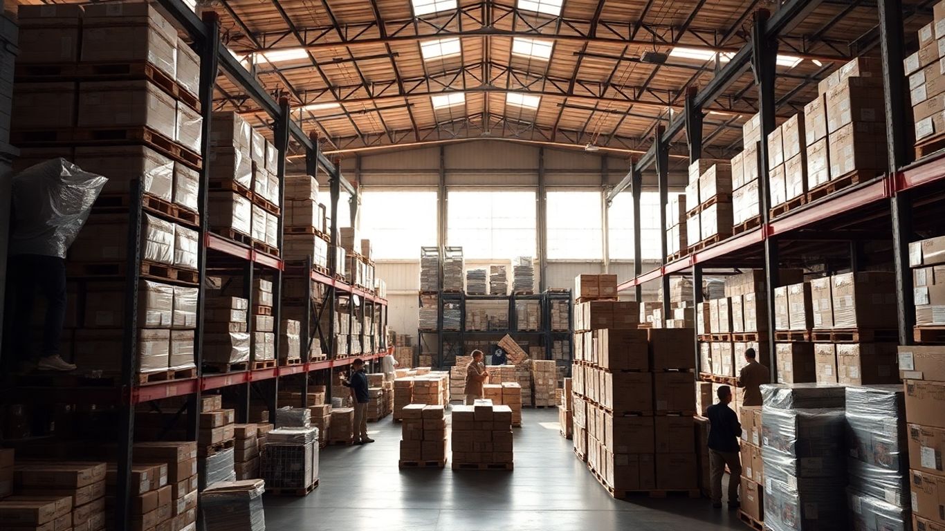 Warehouse with stacked boxes and workers organizing inventory.