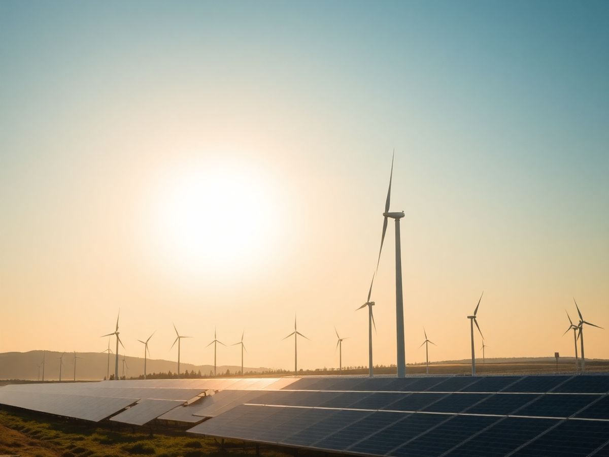 Un peisaj energetic european cu turbine și panouri solare.