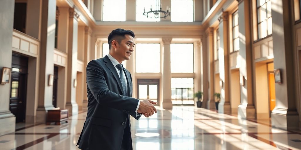 Financial professional working in a modern government building.